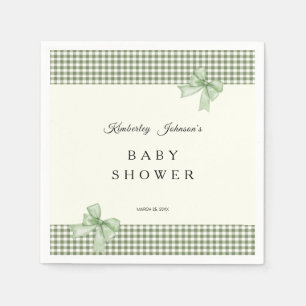 Sage Green Gingham Baby Shower Invitation & Bows Napkins