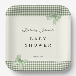 Sage Green Gingham Baby Shower Invitation & Bows Paper Plates