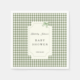 Sage Green Gingham Baby Shower Invitation with Bow Napkins