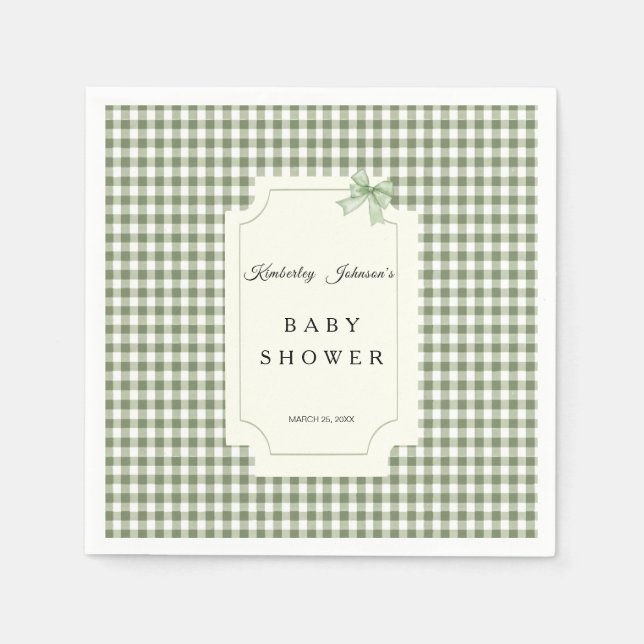 Sage Green Gingham Baby Shower Invitation with Bow Napkins (Front)