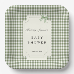 Sage Green Gingham Baby Shower Invitation with Bow Paper Plates