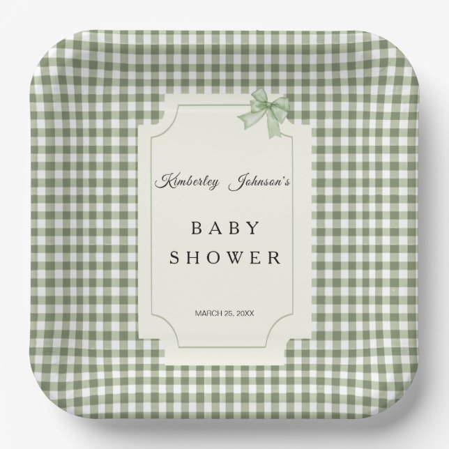 Sage Green Gingham Baby Shower Invitation with Bow Paper Plates (Front)