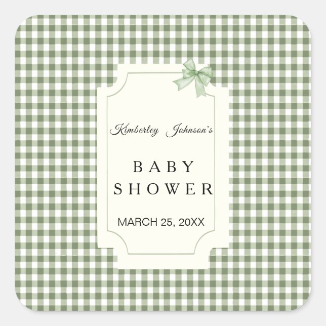 Sage Green Gingham Baby Shower Invitation with Bow Square Sticker (Front)