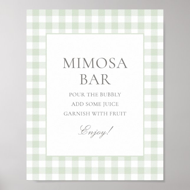 Sage Green Gingham Baby Shower Mimosa Bar Poster (Front)