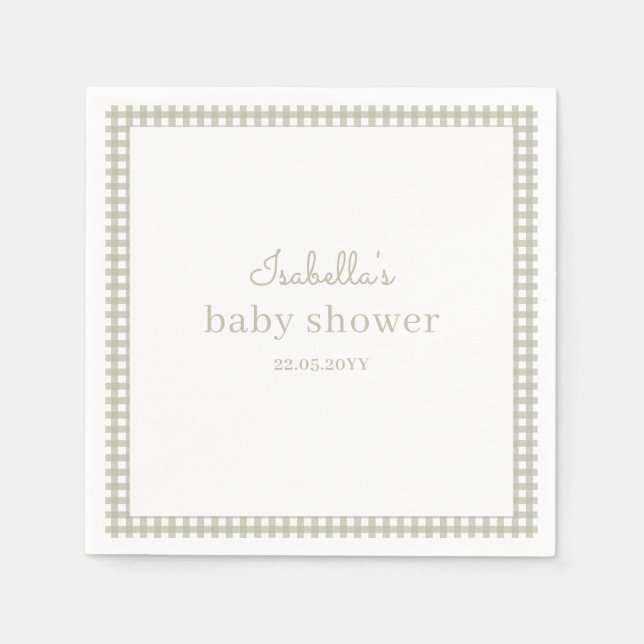 Sage Green Gingham Baby Shower Napkins (Front)