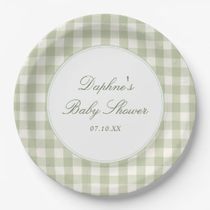 Sage Green Gingham Baby Shower Paper Plates