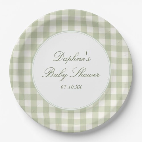 Sage Green Gingham Baby Shower Paper Plates