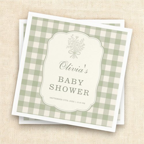 Sage Green Gingham Baby Shower Party Napkins by Pretty Girly Designs
