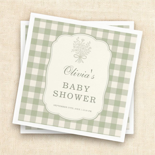 Sage Green Gingham Baby Shower Party Napkins (Creator Uploaded)