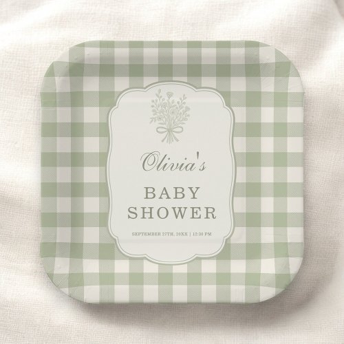Sage Green Gingham Baby Shower Party Paper Plates by Pretty Girly Designs