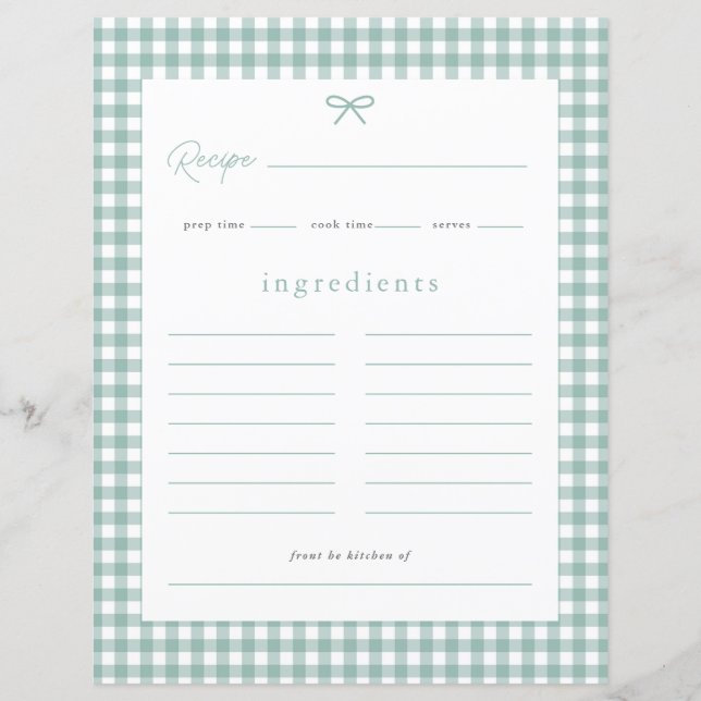 Sage Green Gingham Baby Shower Recipe Card (Front)