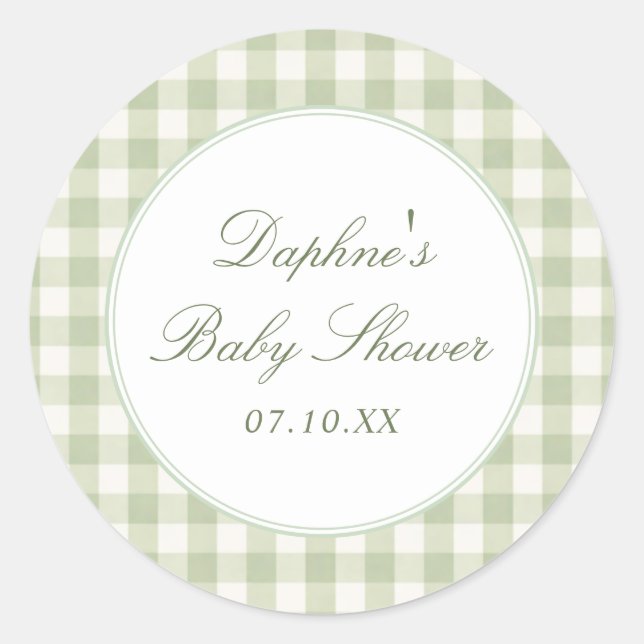 Sage Green Gingham Baby Shower Sticker (Front)