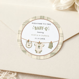Sage Green Gingham Baby Shower Vintage BBQ Classic Round Sticker