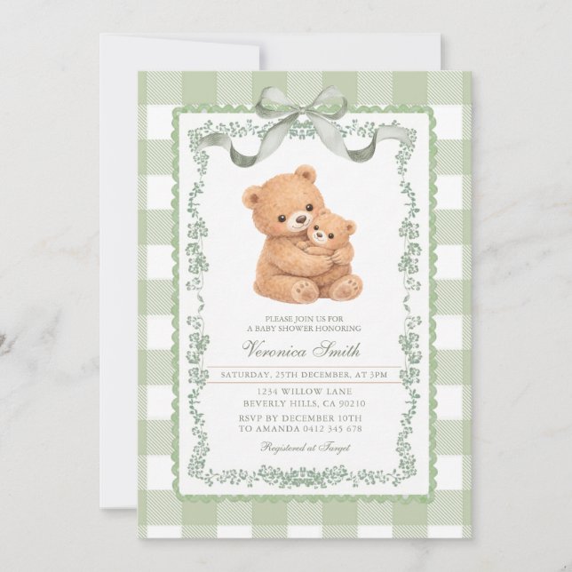 Sage Green Gingham Bear Mom & Baby  Invitation (Front)