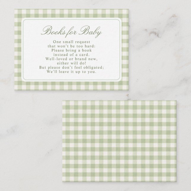 Sage Green Gingham Books Baby Shower Enclosure Card (Front/Back)