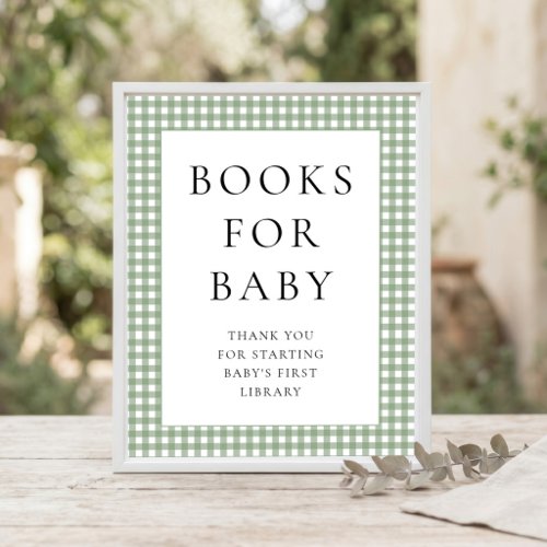 Sage Green Gingham Books for Baby Shower Sign