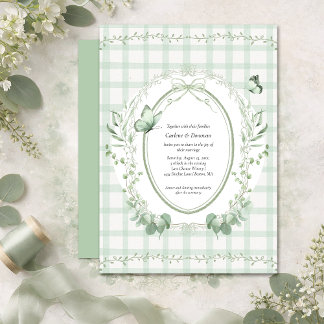 Sage Green Gingham Botanical Wedding | Invitation
