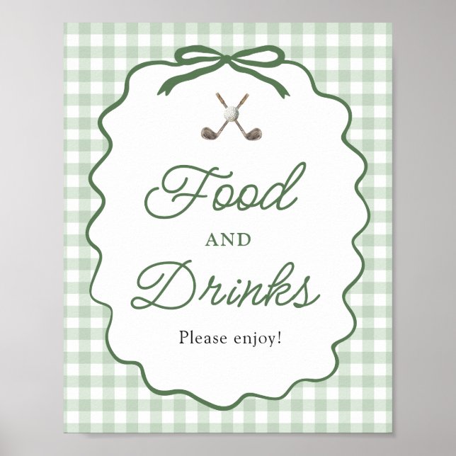 Sage Green Gingham Bow Golf Food and Drinks Sign (Front)