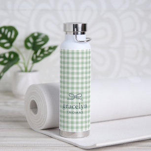 Sage Green Gingham Bow Monogram Water Bottle