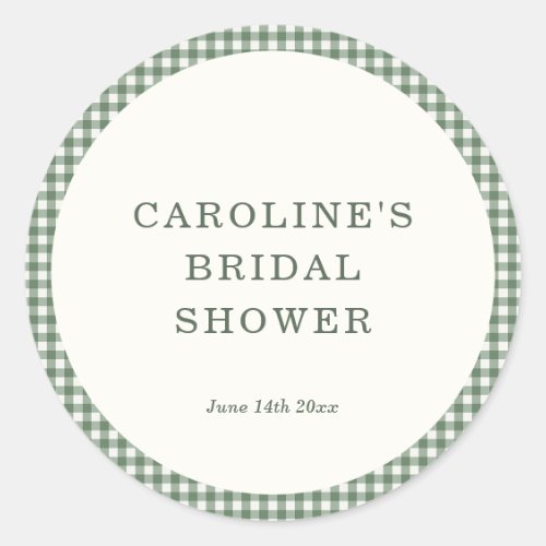 Sage Green Gingham Bride Name Date Bridal Shower Classic Round Sticker