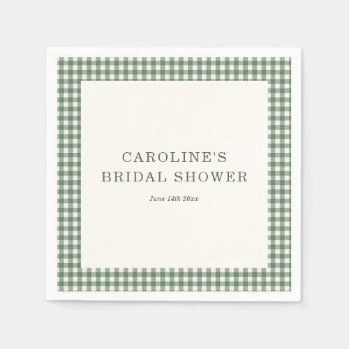 Sage Green Gingham Bride Name Date Bridal Shower Napkins