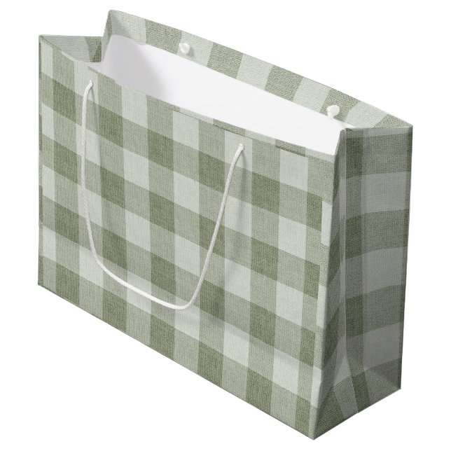 Sage Green Gingham Buffalo Check Linen Texture Large Gift Bag (Front Angled)