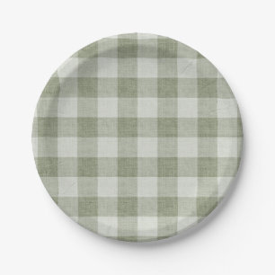 Sage Green Gingham Buffalo Check Linen Texture  Paper Plates