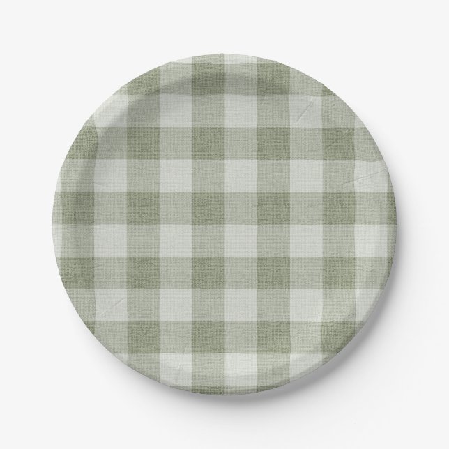 Sage Green Gingham Buffalo Check Linen Texture  Paper Plates (Front)
