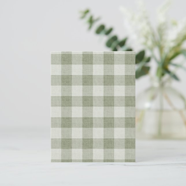 Sage Green Gingham Buffalo Check Linen Texture  Postcard (Standing Front)