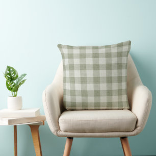 Sage Green Gingham Buffalo Check Linen Texture  Throw Pillow