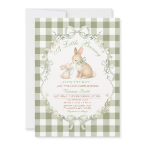 Sage Green Gingham Bunny Neutral Baby Shower  Invitation