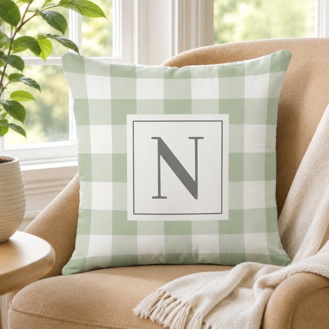 Sage Green Gingham Check Monogram Initial Throw Pillow (Creator Uploaded)
