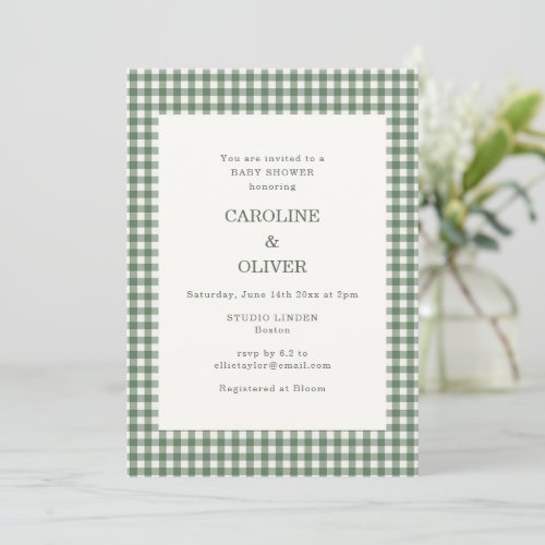 Sage Green Gingham Check Plaid Couples Baby Shower Invitation