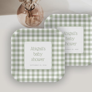 Sage Green Gingham Check Rustic Baby Shower Paper Plates