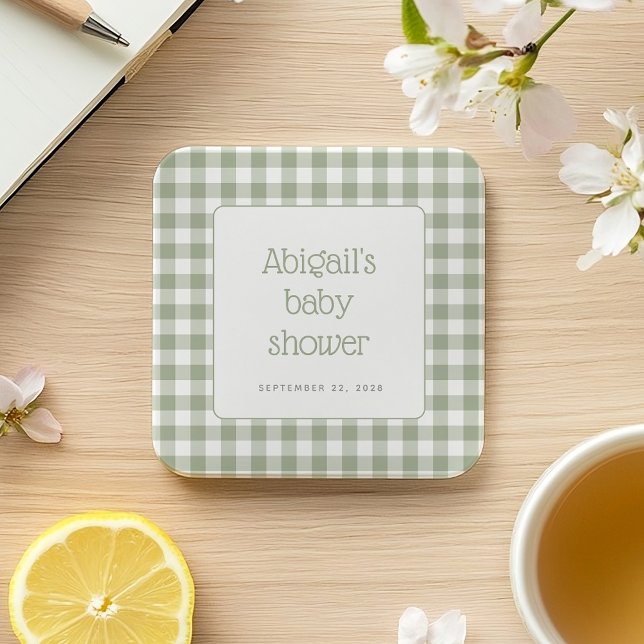 Sage Green Gingham Check Rustic Baby Shower Square Paper Coaster (Creator Uploaded)