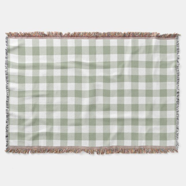 Sage Green Gingham Check Rustic Throw Blanket (Front)