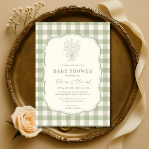 Sage Green Gingham Couples Baby Shower Invitation