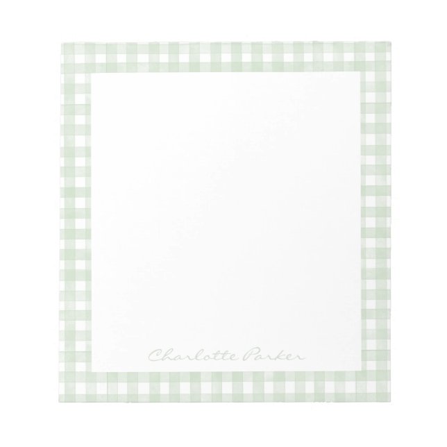 Sage Green Gingham Custom Name Notepad (Front)