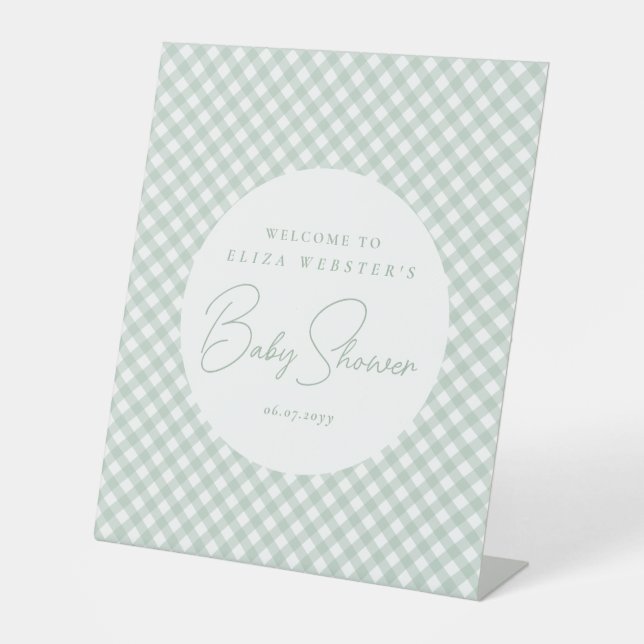 Sage green gingham cute simple neutral baby shower pedestal sign (Front)