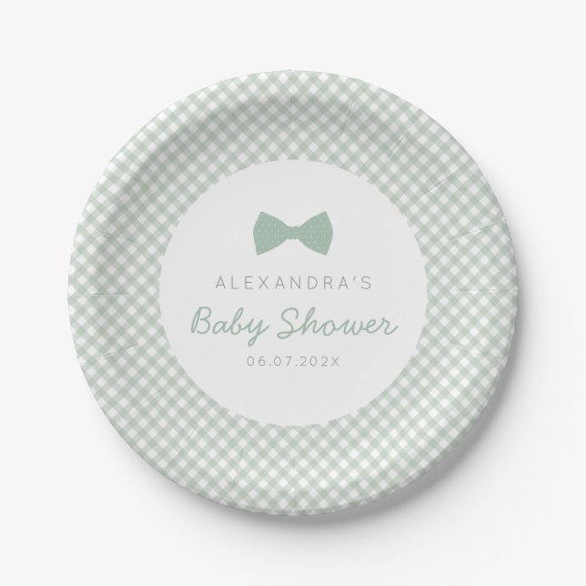 Sage green gingham dotted bow tie baby shower paper plates (Front)