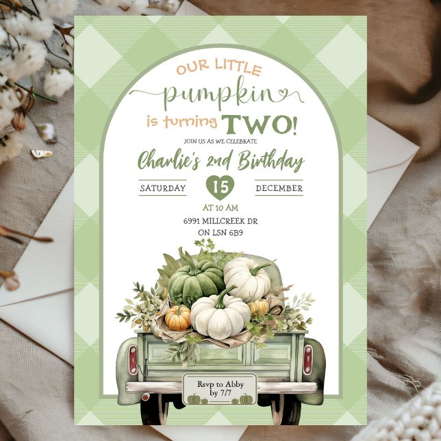 Sage Green Gingham Fall Pumpkin Theme Birthday Invitation (Creator Uploaded)
