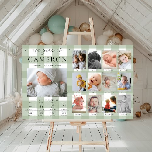 Sage Green Gingham First Birthday Photo Milestone Poster