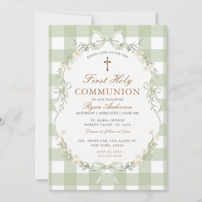 Sage Green Gingham First Holy Communion Invitation (Front)