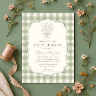 Sage Green Gingham Floral Bow Baby Shower Invitation
