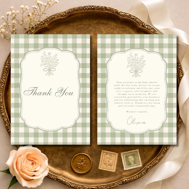 Sage Green Gingham Floral Bow Baby Shower Thank You Card (Creator Uploaded)