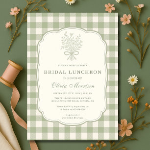 Sage Green Gingham Floral Bow Bridal Luncheon Invitation