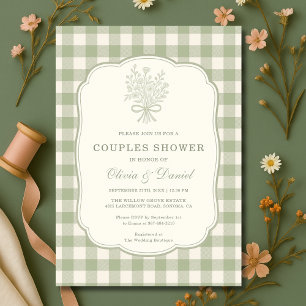 Sage Green Gingham Floral Bow Couples Shower Invitation
