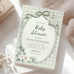 Sage Green Gingham Floral Garden Baby Shower Invitation