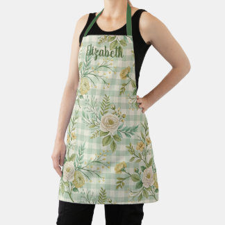 Sage Green Gingham Floral Personalized Apron