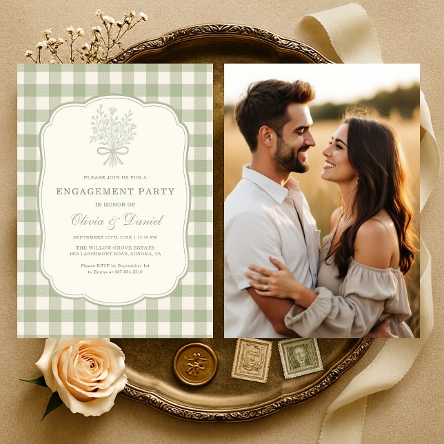 Sage Green Gingham Floral Photo Engagement Party Invitation (Creator Uploaded)